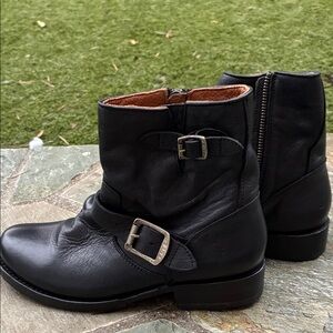 Frye Black Leather Ankle Boots with Buckles